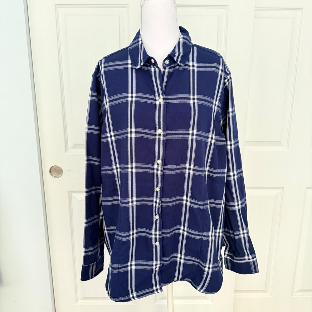 Jachs Girlfriend Button Up Shirt Womens Large Navy Blue Plaid Long Sleeve Pocket